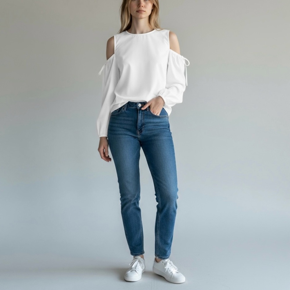 Open Edit Cold Shoulder Poplin Top Size Small White Cotton Long Sleeve NWOT